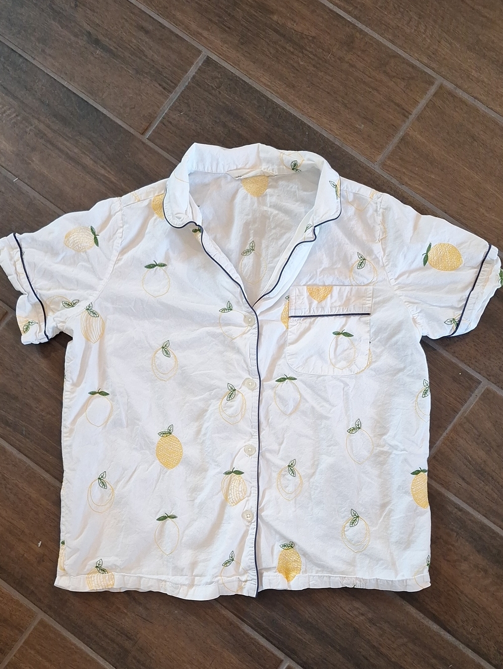 Print Fresh Organic Cotton Lemon Embroidered Buttondown Sleep Shirt Size Small